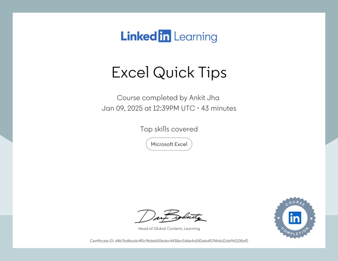 Excel Quick Tips certificate