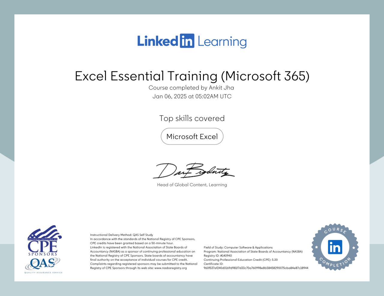 Excel Essential Training (Microsoft 365) (2022) certificate