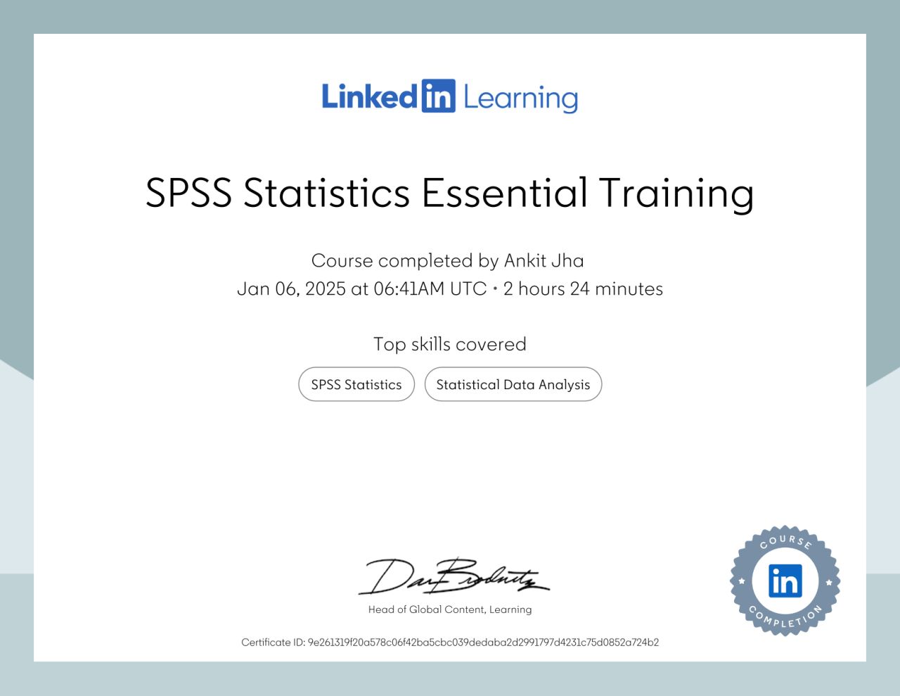 SPSS Statistics Essential Training certificate